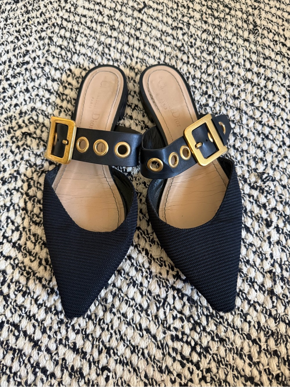 Pointed Black Slide Mules with Gold Buckle - Women Dior D buckle size 38.5